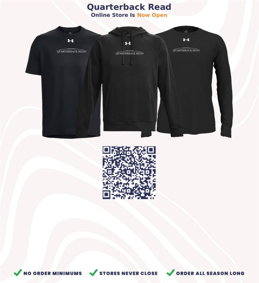 Quarterback Read online store: t-shirts, hoodies and long sleeves. No order minimums, stores never close, order all season long.
